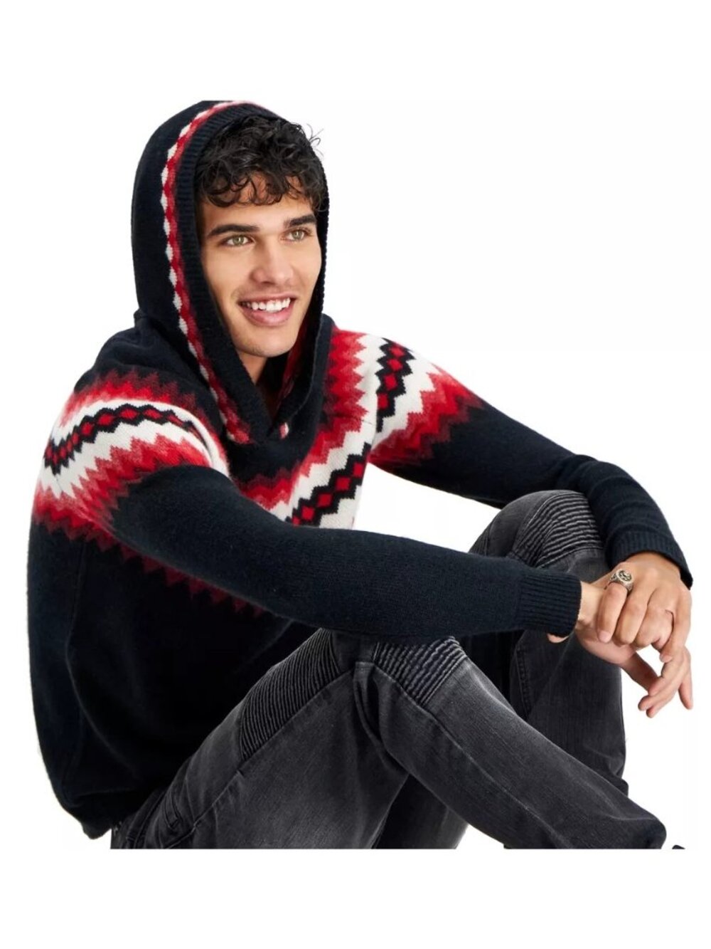 I.N.C. International Concepts Men's Cashmere Geo-Stripe Hoodie Sweater Black XS